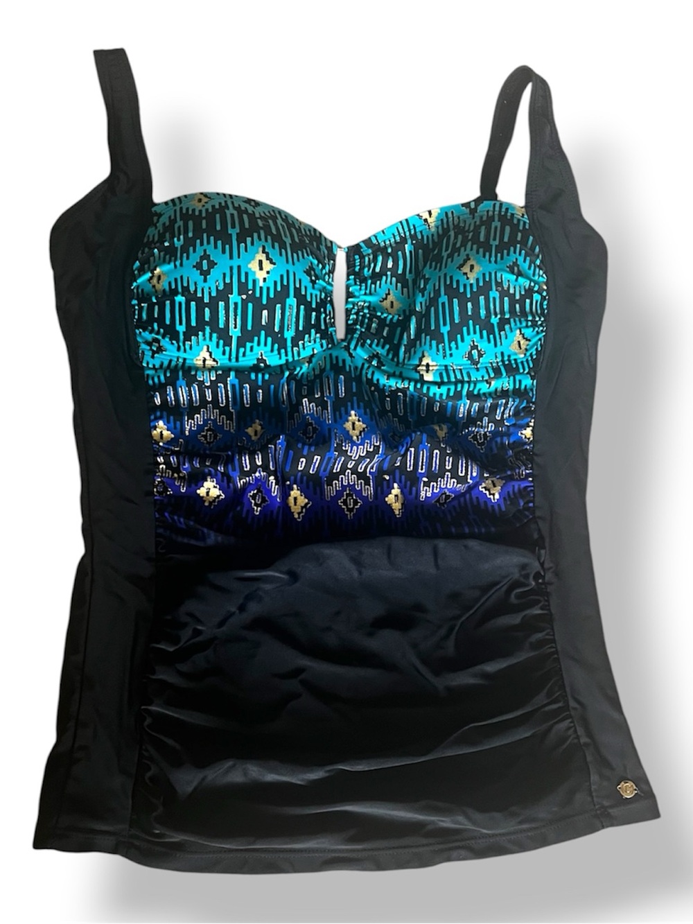 Cacharel Black Tank  Top with Turquoise & Navy Aztec Print